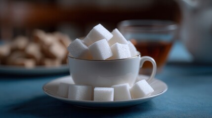 Cup filled with sugar cubes saucer with additional cubes around it, with blurred background of cookies and glass of tea, creating cozy and inviting scene, perfect for tea time or coffee break