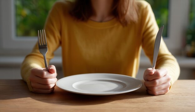 Woman sits at table with empty plate and fork and knife in her hands, ready to eat, in bright kitchen with window in background