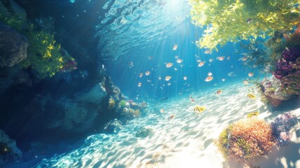 Fototapeta premium A school of freshwater fish swimming gracefully in a crystal-clear river, surrounded by rocks and aquatic plants