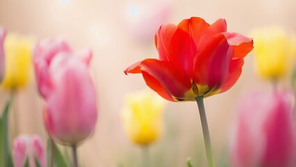 Fototapeta premium Close-up of a vibrant red tulip in a field of colorful blooms.