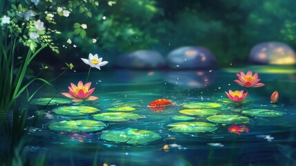 A school of freshwater fish swimming gracefully in a crystal-clear river, surrounded by rocks and aquatic plants