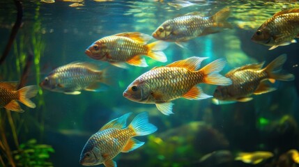 Naklejka premium A school of freshwater fish swimming gracefully in a crystal-clear river, surrounded by rocks and aquatic plants