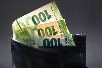 Money, banknotes in wallet, euros.
