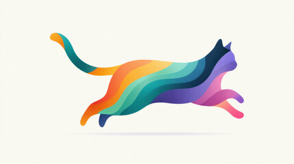 Abstract digital painting of cat leaping, featuring vibrant rainbow colors, smooth lines, and playful, energetic mood on light background