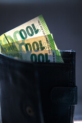 Money, banknotes in wallet, euros.
