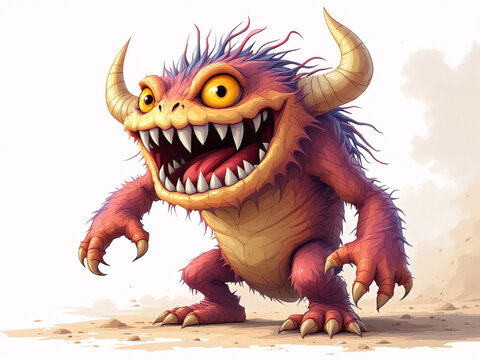A fierce, colorful monster with horns and sharp teeth in a fantasy digital illustration.