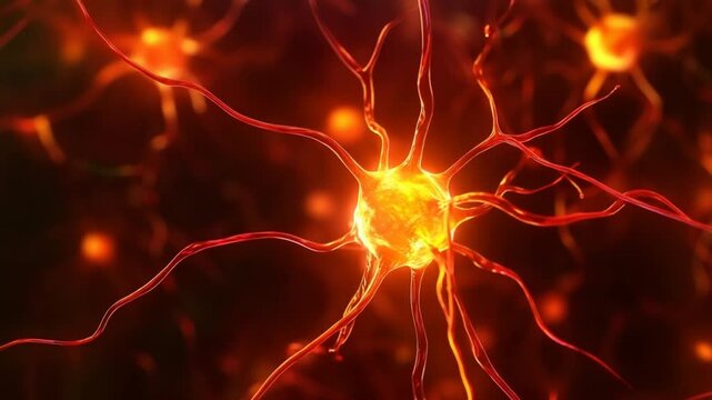 Glowing neuron cell network with red tentacles spreading in dark environment