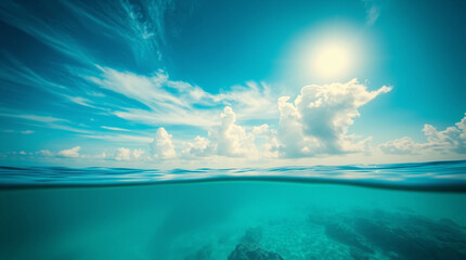 A tranquil seascape with a clear blue sky and turquoise ocean meeting at the horizon.
