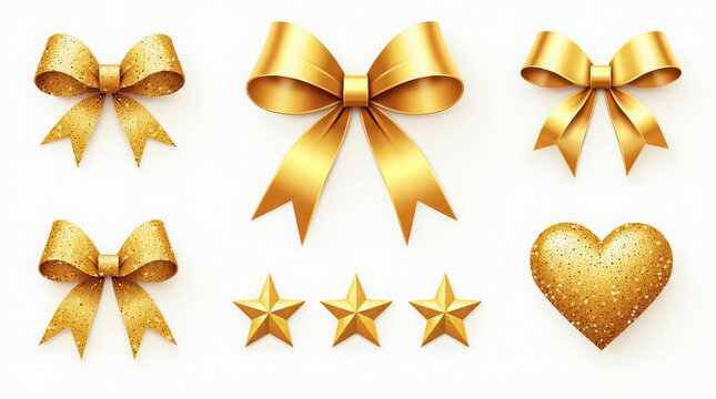 Golden decorative elements set. Bows, stars and heart with gold glitter texture for holiday design. Festive stickers, clip art with shiny sequin patterns. Vector illustration on white background