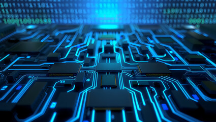 Obraz premium Close-up view of a glowing circuit board with intricate pathways