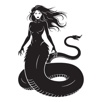 Terrifying Shadowy Lamia Ancient Serpent Queen Graphic Vector, Showing Her Long, Scaly Tail - lamia silhouette - lamia vector - silhouette of lamia
