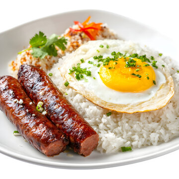 Philippine longganisa sausage with garlic rice and fried egg, vibrant local breakfast served upscale, realistic detail, white background