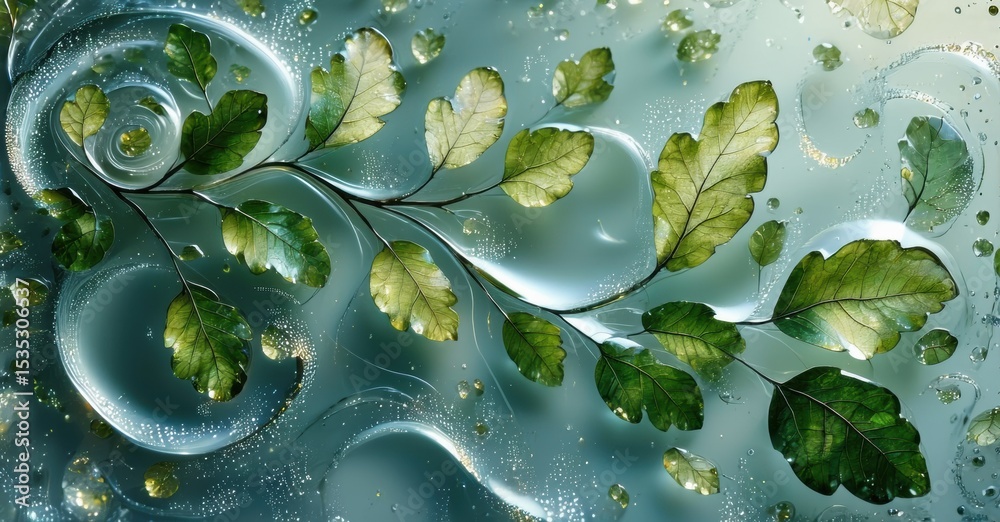 Aufkleber branch with green leaves, swirling water patterns. light reflects, creating ethereal, calming visual