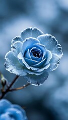 Blue Rose Bloom with Frost and Water Droplets, 4k
