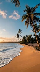 Palm Trees and Ocean Waves on a Golden Tropical Beach at Sunset, 4k