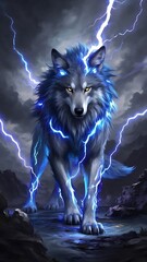 Majestic Wolf Charged with Blue Lightning and Stormy Sky, 4k