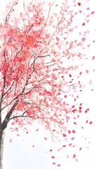 Delicate pink cherry blossoms falling from a tree.