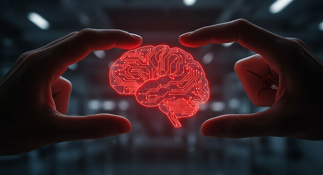 Human hands presenting futuristic glowing brain with circuit board design indicating artificial intelligence, brain, circuit board, technology, artificial intelligence, ai, innovation, future, digital - Powered by Adobe