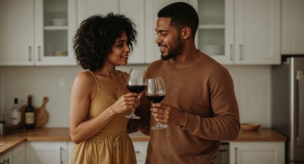 african american couple in kitchen sharing wine and dancing