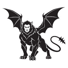 Fearsome Manticore Mixed-Up Beast Shape Silhouette, Ready to Pounce or Fly - manticore silhouette - manticore vector - silhouette of manticore
