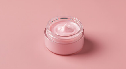 Pink cream cosmetic jar on a soft pink background beauty and skincare concept