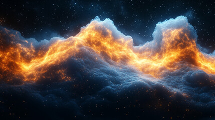 Fototapeta premium Fiery, ethereal cloudscape of orange and blue fire against a dark night sky filled with glittering stardust.