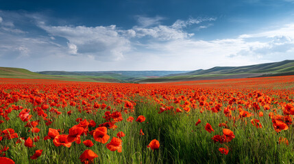 Obraz premium A beautiful, sun-drenched spring summer meadow. Natural colorful panoramic landscape with many wild flowers of daisies against blue sky. A frame with soft selective focus.