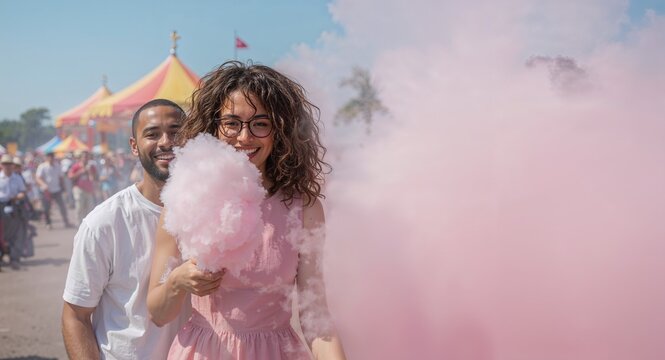 biracial couple on carnival ground sharing cotton candy excited