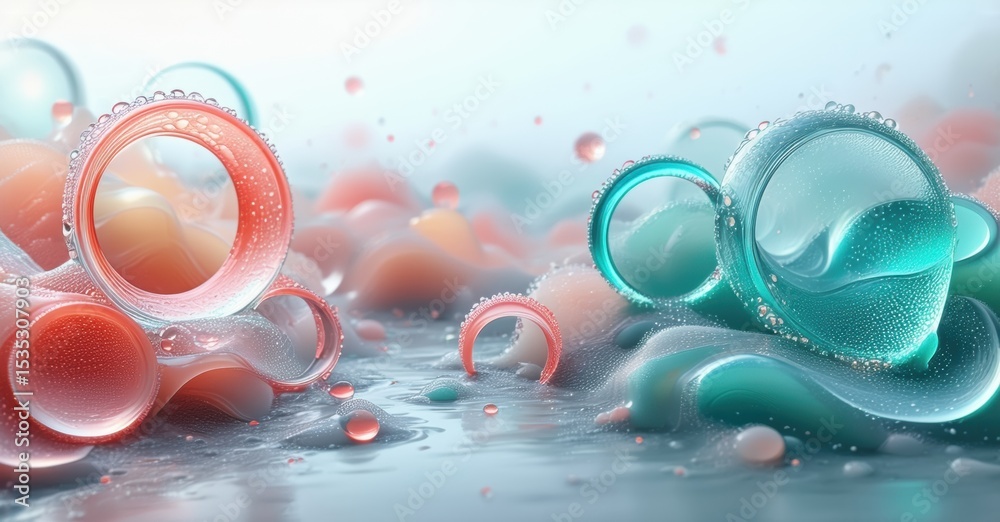 Poster abstract fluid shapes, vibrant colors, glossy surfaces. bubbles, reflections, smooth textures create