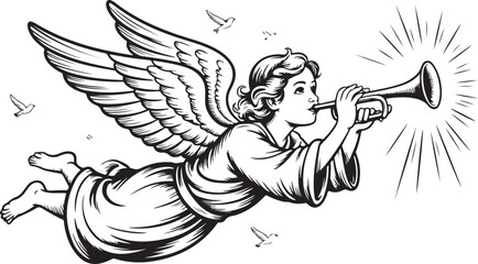 Fototapeta premium angel blowing trumpet illustration with detailed wings flowing robe and light rays symbolic religious artwork
