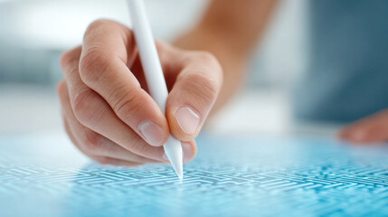 Closeup of human hand using digital stylus on interactive touchscreen, creating geometric pattern with modern technology, innovation, and focus in creative workspace