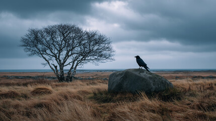 Odin at Nameless Grave Under Birch Tree with Raven and Windblown Grass
