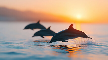 Fototapeta premium Playful dolphin group leaping gracefully above ocean water at sunrise, creating joyful splashes and vibrant reflections in tranquil seascape, evoking sense of freedom and wonder