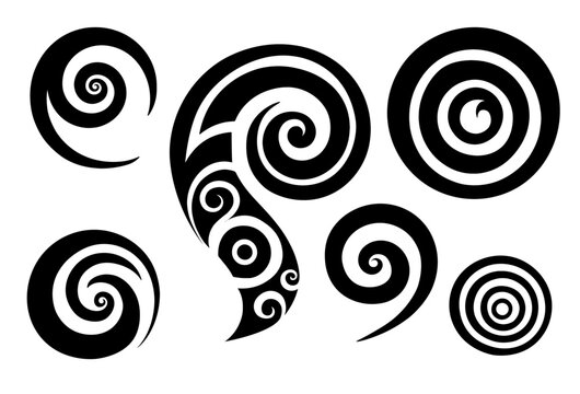 A set of Maori style koru spiral swirls, icon minimalist style. Vector illustration. Isolated on transparent background.