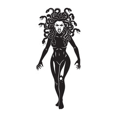 Mysterious Medusa Dark Figure Silhouette, with a Quiet and Watching Presence - medusa silhouette - medusa vector - silhouette of medusa - Medusa illustration - mythical creature silhouette
