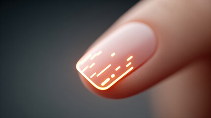 Extreme closeup of human fingernail with glowing digital circuit pattern, futuristic technology concept, soft lighting, smooth skin, innovation, modern style