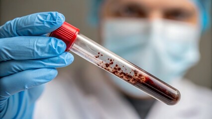Forensic, blood and analysis concept. Medical professional holding a blood sample in a test tube.