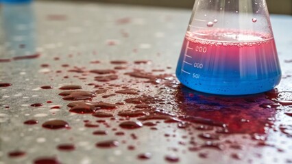 Forensic, blood and analysis concept. Laboratory flask with spilled colorful liquid on a surface.
