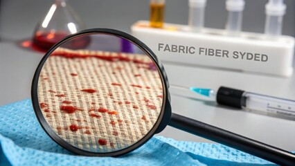 Forensic, blood and analysis concept. Magnifying glass over fabric with blood stains and lab equipment nearby.