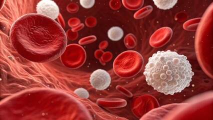 Forensic, blood and analysis concept. Microscopic view of blood cells in a human body.