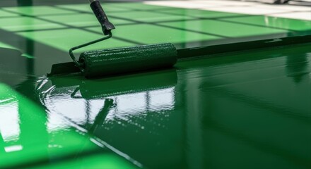 Applying green epoxy resin paint to a floor with a roller for a smooth, glossy finish.