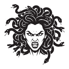Darkened Medusa Petrifying Gaze Depiction Outline, Showing Her Unkind Face - medusa silhouette - medusa vector - silhouette of medusa - Medusa illustration - mythical creature silhouette
