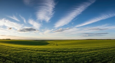Obraz premium Vast green field under blue sky with white clouds on a sunny day