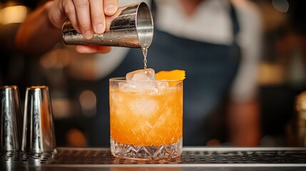 A bartender pours liquid from a metal jigger into an oldfashioned cocktail with ice and an orange peel