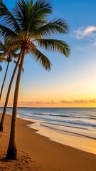 Tall Palm Trees on a Golden Tropical Beach at Sunrise, 4k