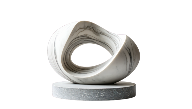 Abstract marble sculpture on gray pedestal isolated on transparent background