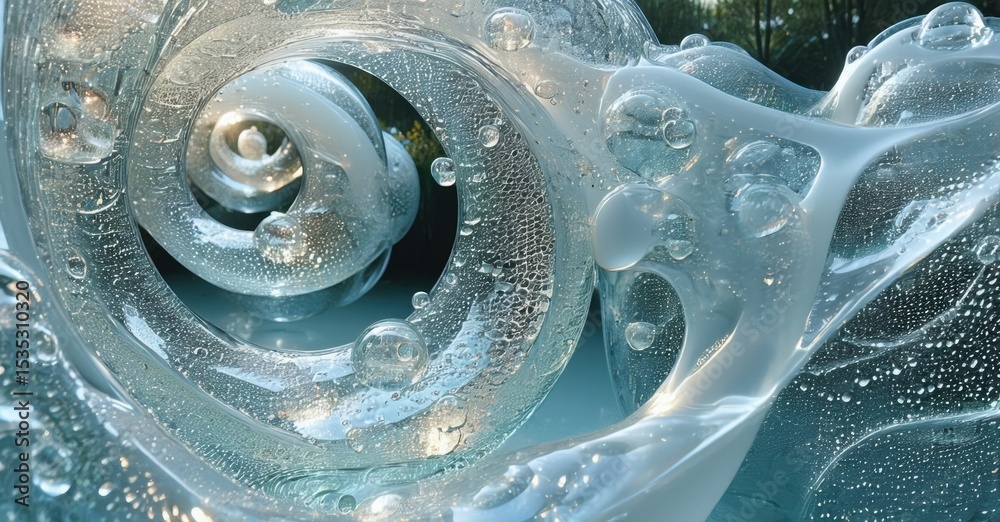 Poster Swirling liquid forms captivating abstract shapes. Bubbles rise within translucent material, creating dynamic visual texture. Light plays across surface.
