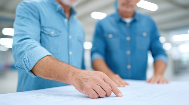 Two male industrial engineers collaborating on layout design, focusing on blueprints in modern factory setting, teamwork and planning concept - Powered by Adobe