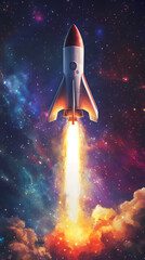 Rocket Launching into Space with Vibrant Cosmic Background