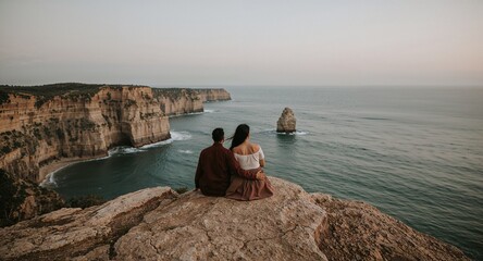 indian couple on rocky coast sitting close admiring view
